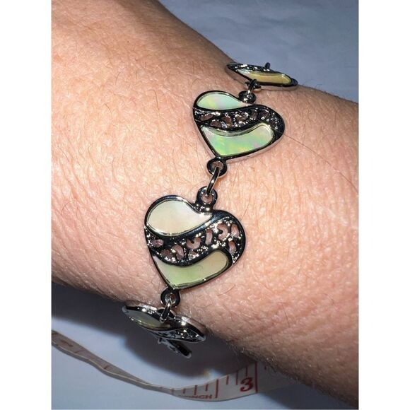 Vintage Silver Tone and Abalone Heart Link Bracelet - Picture 2 of 6